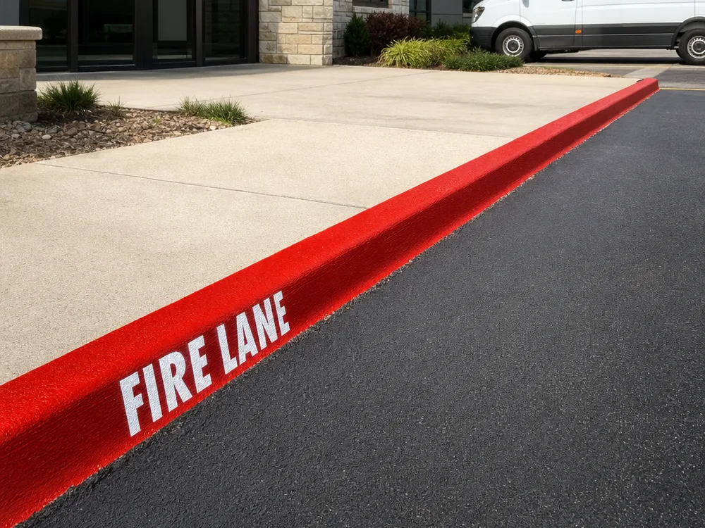 Red fire lane curb marking with stenciled fire lane text near a building entrance