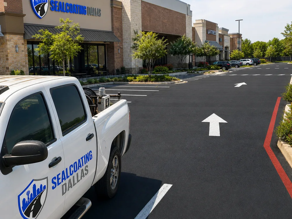 Retail center parking lot with fresh stall lines, end caps, and directional arrows guiding one-way aisles