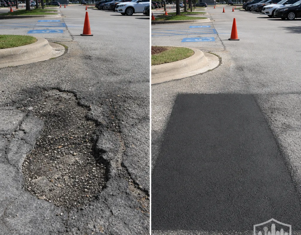 Dallas parking lot pothole before repair and after full-depth patching with clean joints and smooth compaction