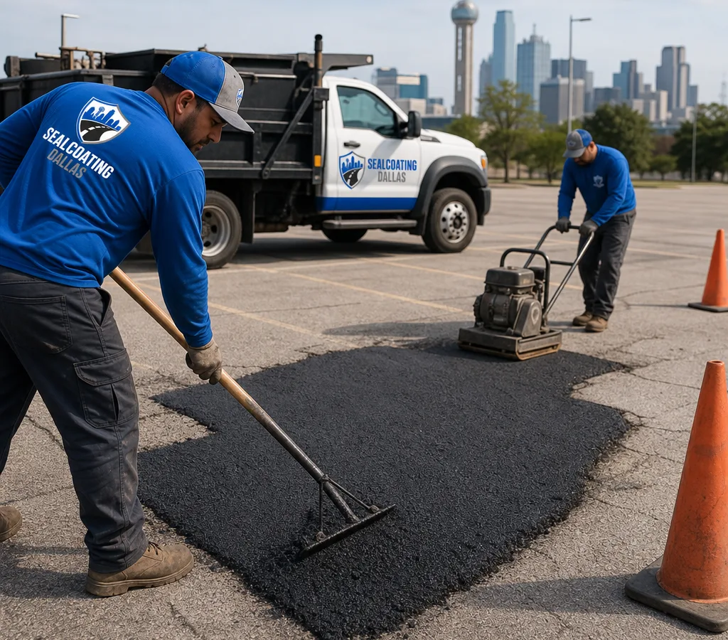 Crew repairing a pothole in a Dallas parking lot with hot-mix asphalt, cones, and clean edge cuts