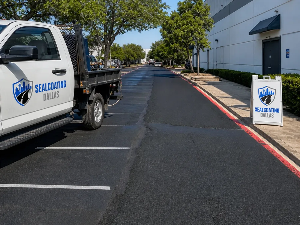 Completed asphalt patching along a commercial drive aisle with clean curbs and sidewalks