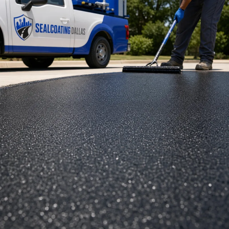 Close-up of evenly sealed asphalt texture with consistent coverage and no puddling