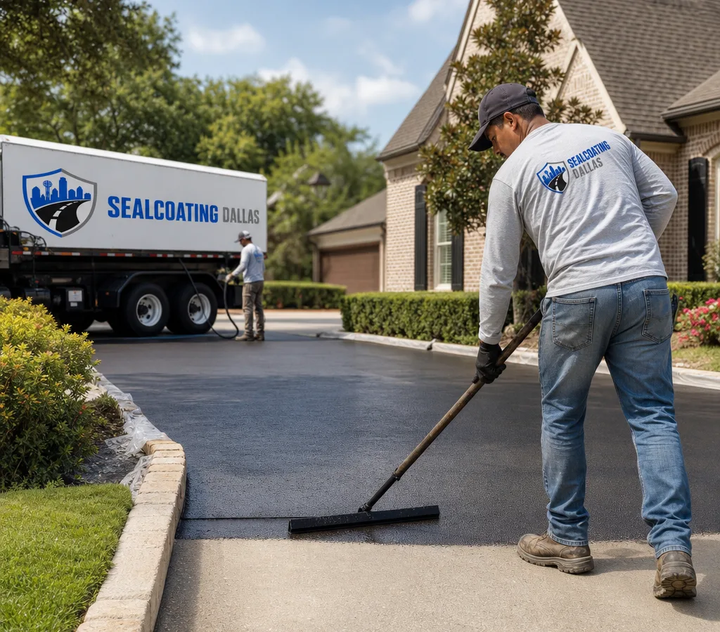 Crew applying fresh sealcoat to a residential driveway with crisp edging and protected landscaping