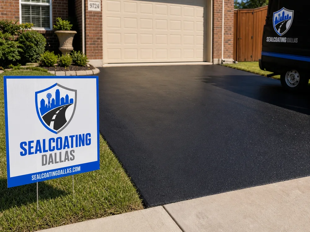 Freshly sealcoated residential driveway with clean edges along the sidewalk and garage apron