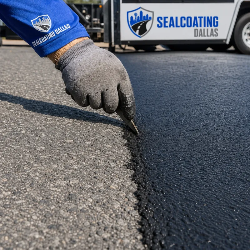 Cleaned and crack-prepared asphalt showing the contrast between gray pavement and newly applied black sealcoat