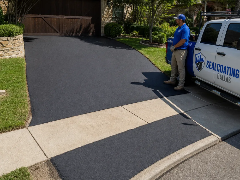 Freshly sealcoated driveway apron with straight curb lines and a smooth transition across the sidewalk