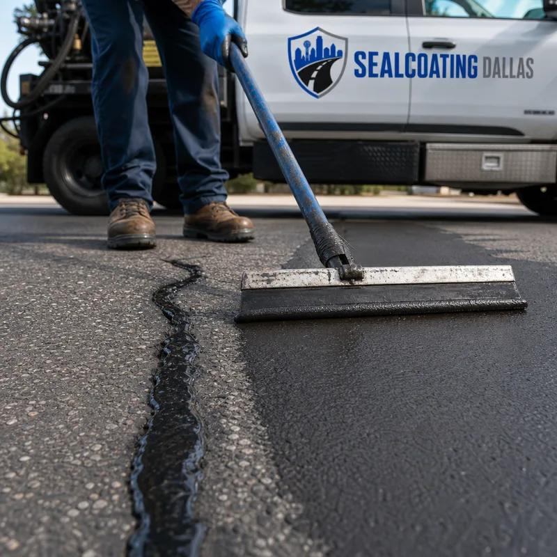 Contractor applying crack filler before a squeegee edge of asphalt sealer