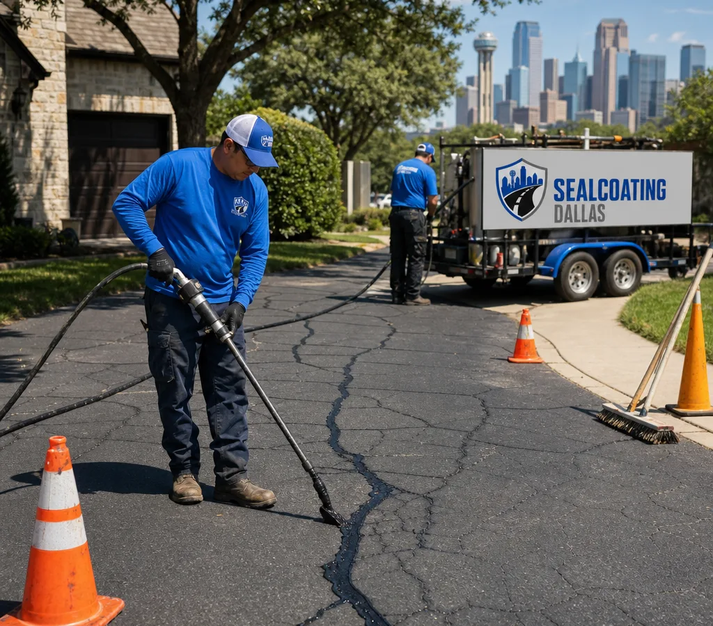 Crew applying hot-pour crack sealant to cracks on a residential asphalt driveway in Dallas
