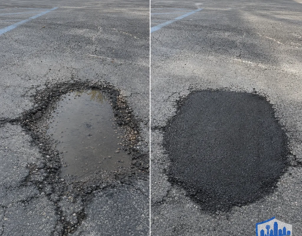 Before-and-after view of a water-holding Dallas parking lot pothole repaired with a clean compacted patch and sealed edges