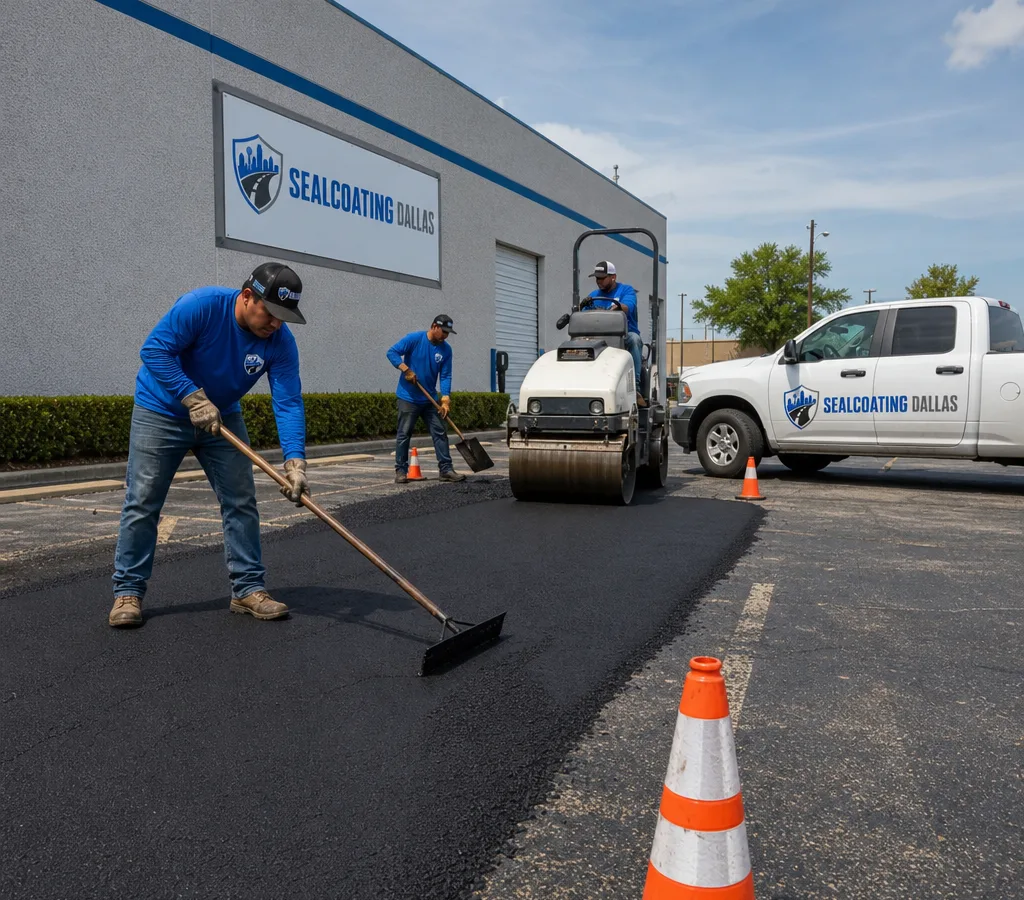 Crew performing asphalt patching on a Dallas commercial parking lot while a roller compacts fresh mix inside a coned work zone