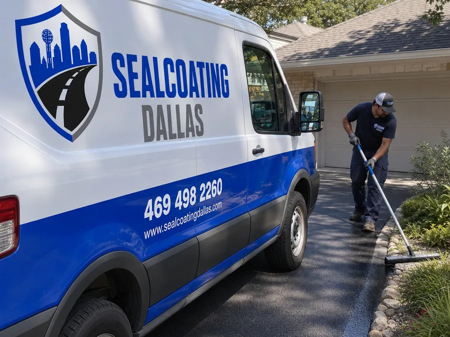 Technician controlling sealcoat placement along a landscaping edge with a squeegee