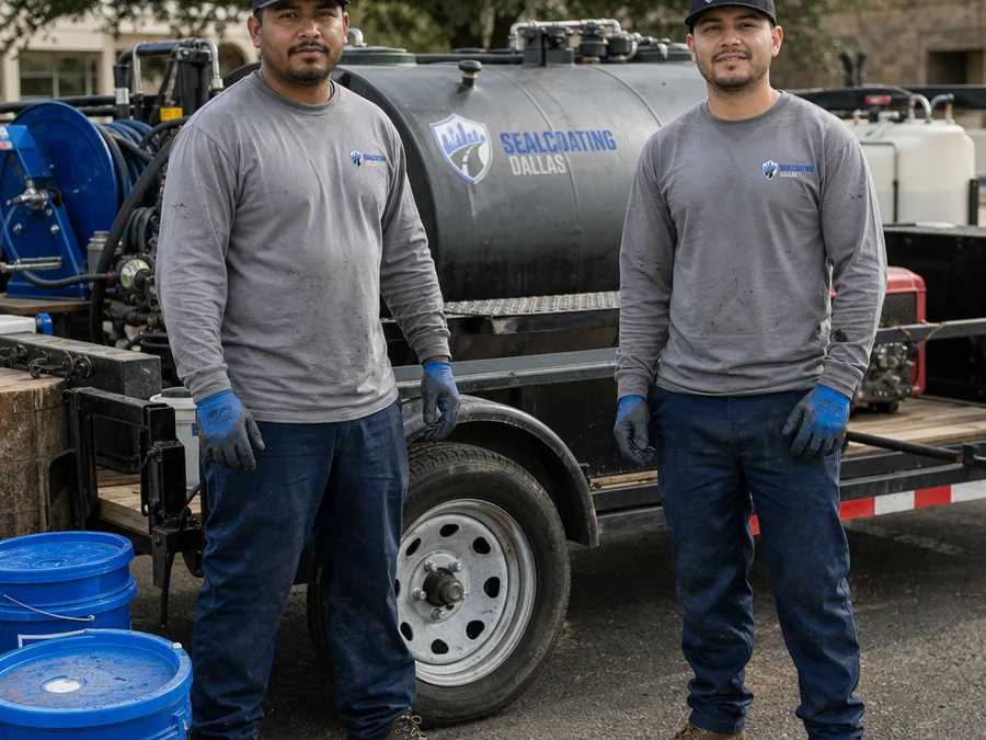 Two-person sealcoating crew standing beside an equipment trailer and job supplies